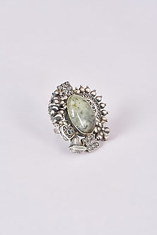 Silver Oxidized Finish Light Green Stone Ring