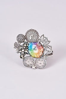 Silver Oxidized Finish Multi-Colored Stone Carved Bracelet