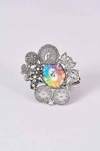 Silver Oxidized Finish Multi-Colored Stone Carved Bracelet