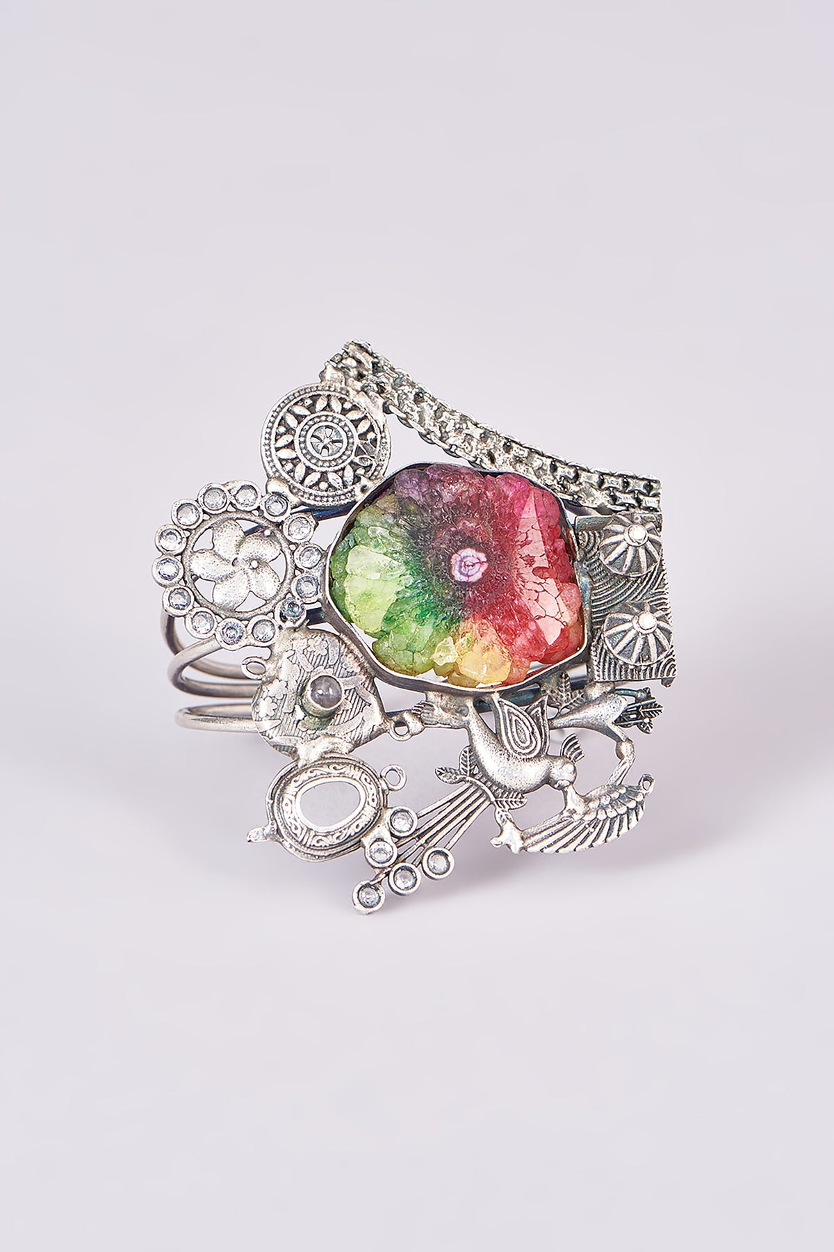 Silver Oxidized Finish Multi-Colored Stone Carved Bracelet