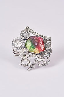 Silver Oxidized Finish Multi-Colored Stone Carved Bracelet