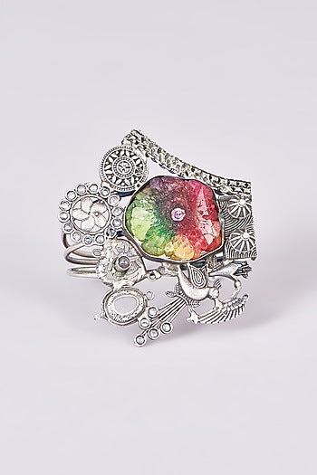Silver Oxidized Finish Multi-Colored Stone Carved Bracelet