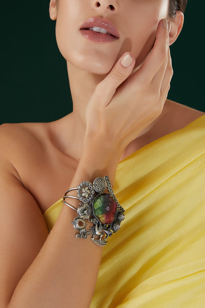 Silver Oxidized Finish Multi-Colored Stone Carved Bracelet