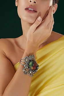 Silver Oxidized Finish Multi-Colored Stone Carved Bracelet