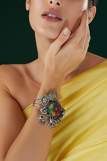 Silver Oxidized Finish Multi-Colored Stone Carved Bracelet
