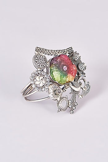 Silver Oxidized Finish Multi-Colored Stone Carved Bracelet