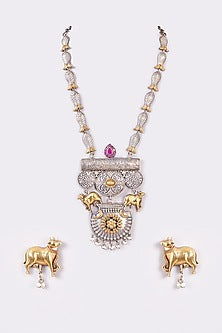 Two-Tone Finish Motif Carved Long Necklace Set