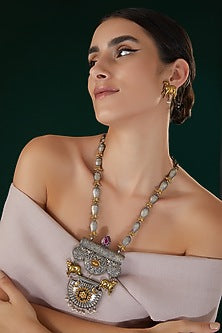 Two-Tone Finish Motif Carved Long Necklace Set