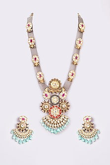 Two-Tone Finish Kundan Polki & Aqua Stone Long Necklace Set