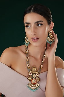 Two-Tone Finish Kundan Polki & Aqua Stone Long Necklace Set