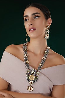 Two-Tone Finish Kundan Polki & Multi-Colored Stone Long Necklace Set