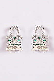Silver Oxidized Finish Green Stone & Shell Pearl Motif Jhumka Earrings