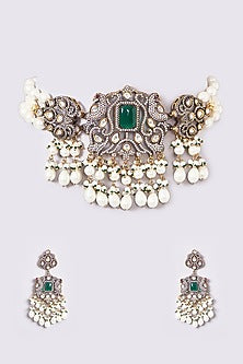 Black Rhodium Finish Kundan Polki & Green Stone Choker Necklace Set