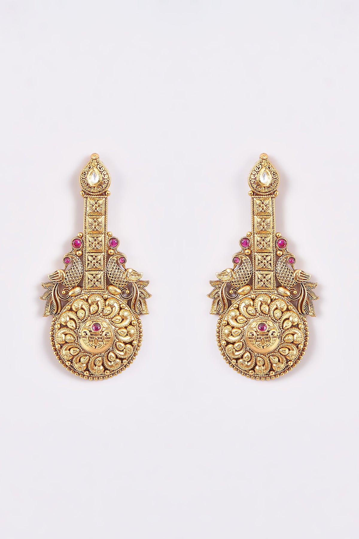 Gold Finish Carved Temple Dangler Earrings