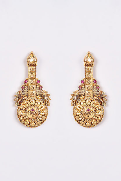 Gold Finish Carved Temple Dangler Earrings