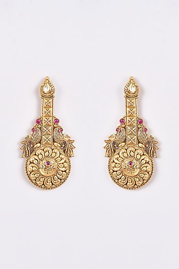 Gold Finish Carved Temple Dangler Earrings