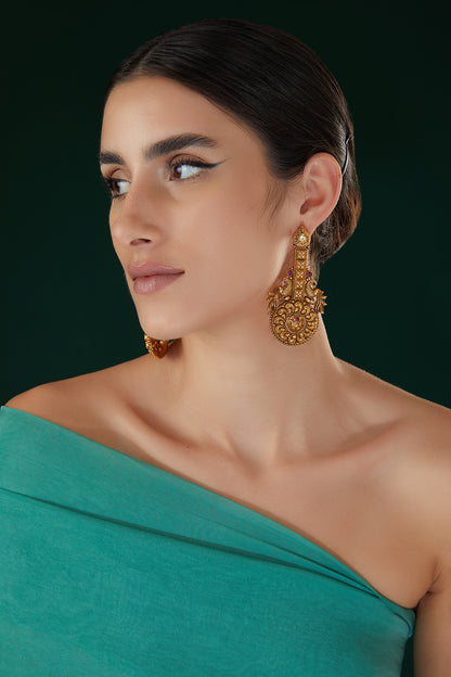 Gold Finish Carved Temple Dangler Earrings
