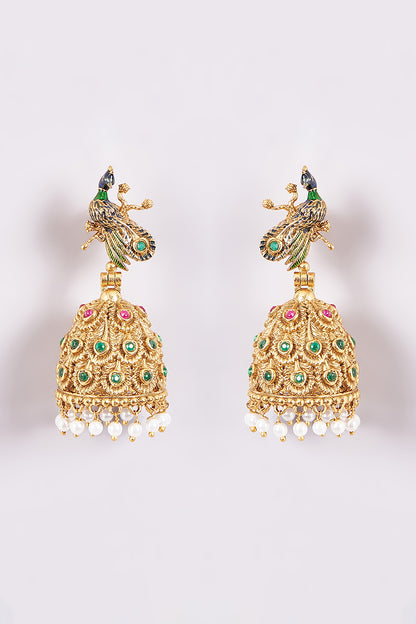 Gold Finish Green & White Stone Temple Dangler Earrings