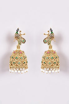 Gold Finish Green & White Stone Temple Dangler Earrings