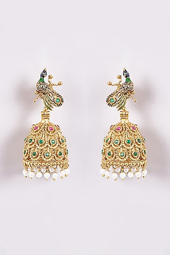 Gold Finish Green & White Stone Temple Dangler Earrings