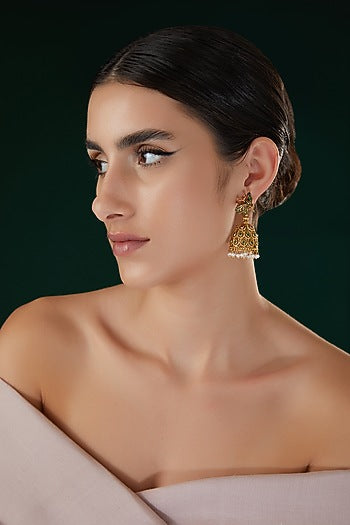 Gold Finish Green & White Stone Temple Dangler Earrings