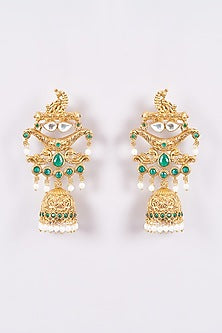 Gold Finish Green & White Stone Temple Dangler Earrings