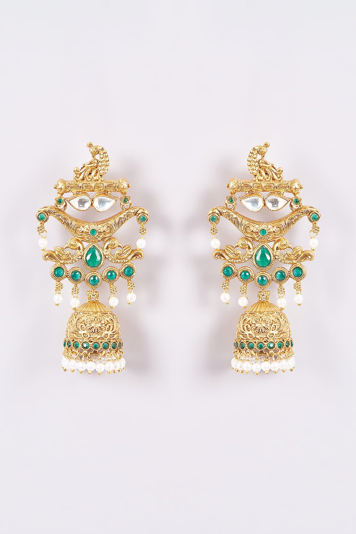 Gold Finish Green & White Stone Temple Dangler Earrings
