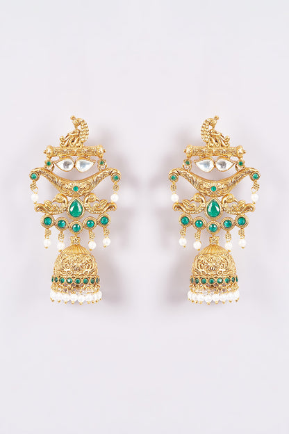 Gold Finish Green & White Stone Temple Dangler Earrings