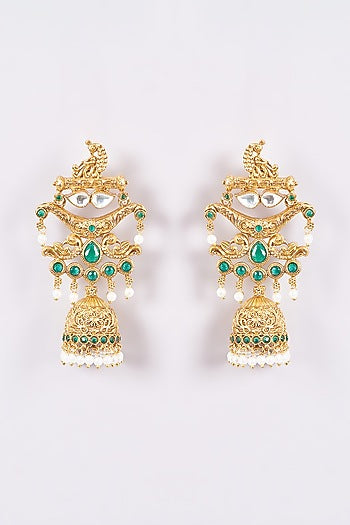 Gold Finish Green & White Stone Temple Dangler Earrings