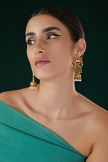 Gold Finish Green & White Stone Temple Dangler Earrings