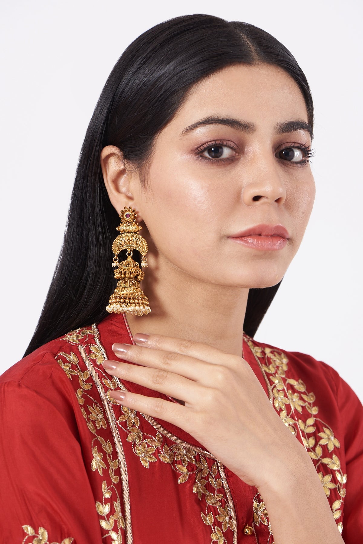 Gold Finish Long Temple Earrings