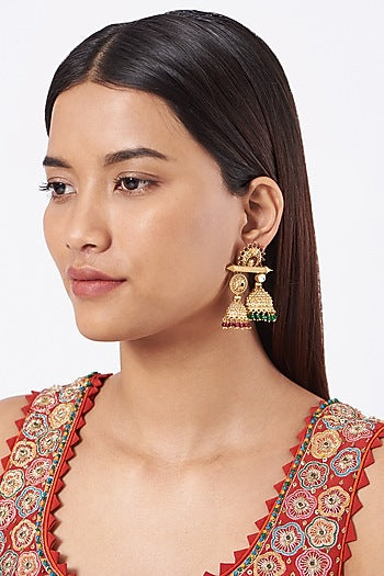 Gold Finish Green Beaded Temple Earrings