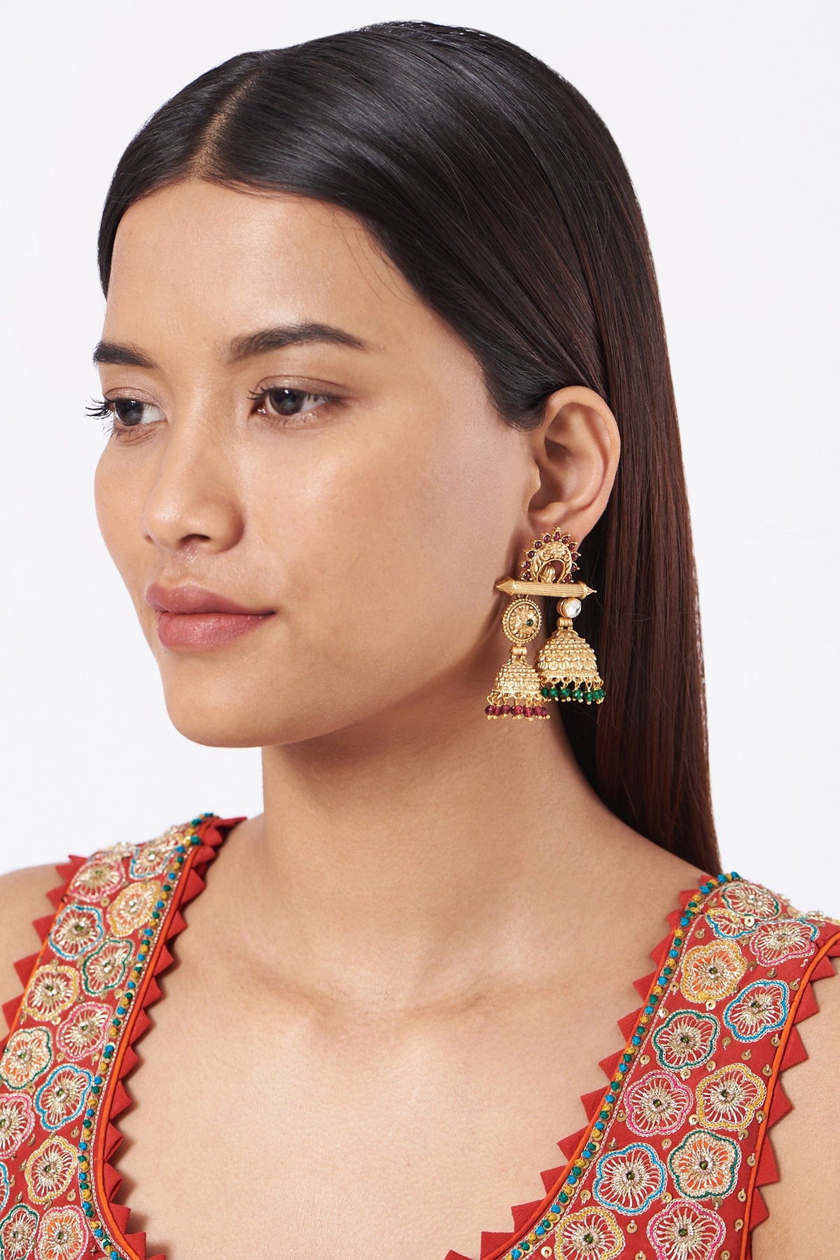 Gold Finish Green Beaded Temple Earrings