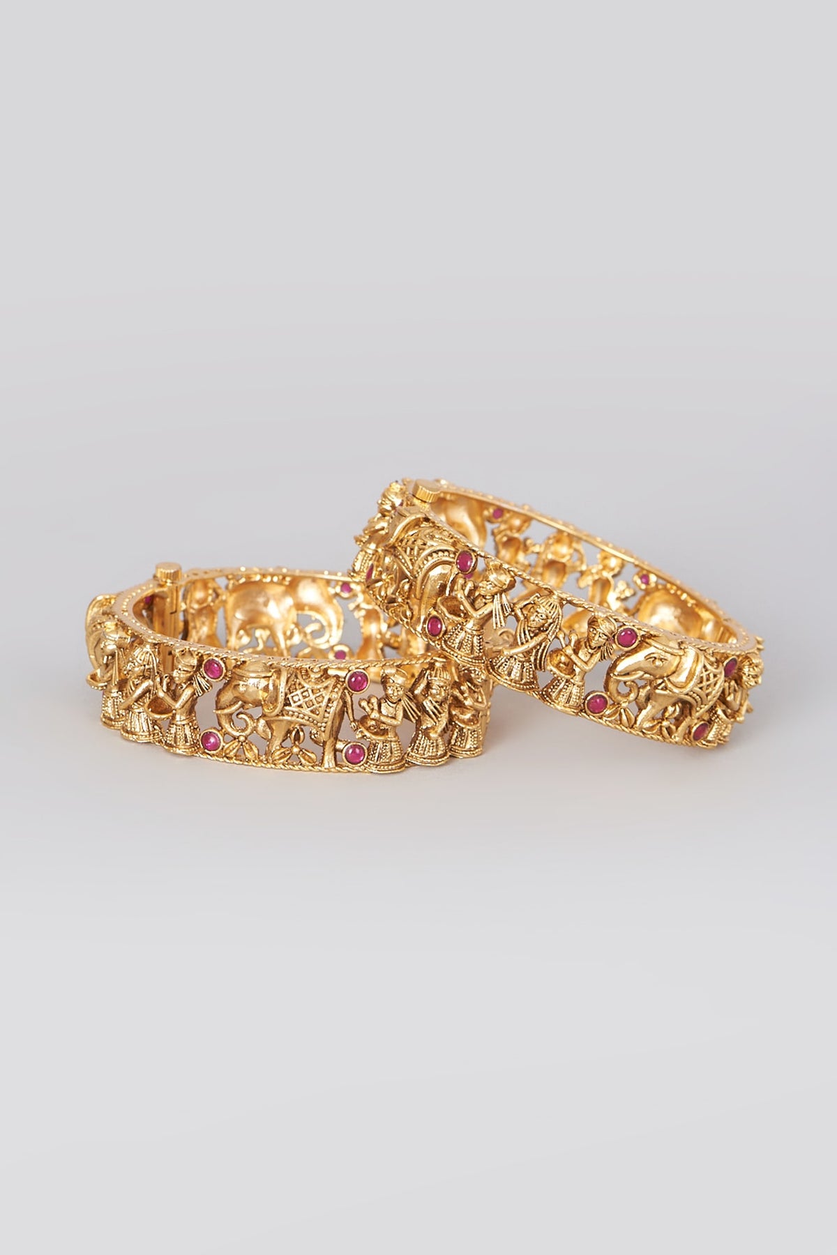 Gold Finish Red Stone Bangles (Set of 2)
