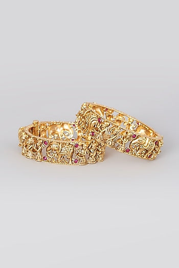 Gold Finish Red Stone Bangles (Set of 2)