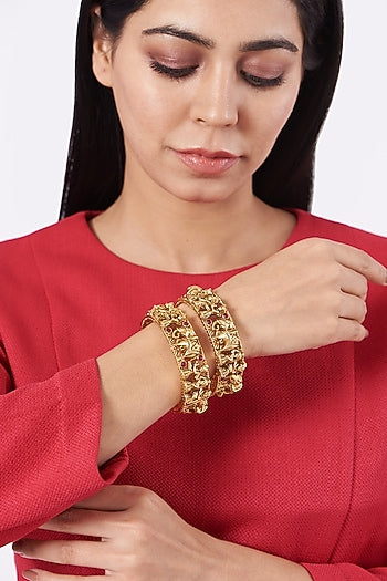 Gold Finish Red Stone Bangles (Set of 2)