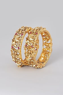 Gold Finish Red Stone Bangles (Set of 2)