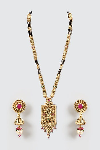 Gold Finish Motif & Bead Long Temple Necklace Set