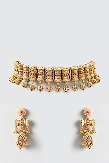 Gold Finish Floral Temple Choker Necklace Set