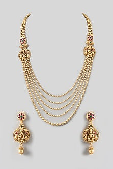Gold Finish Floral Motifs Temple Long Necklace Set