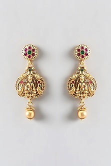 Gold Finish Floral Motifs Temple Long Necklace Set
