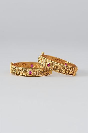 Gold Finish Temple Bangles (Set Of 2)