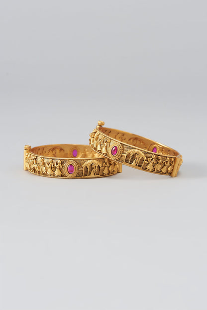 Gold Finish Temple Bangles (Set Of 2)