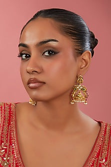 Gold Finish Multi-Colored Synthetic Stone Temple Dangler Earrings