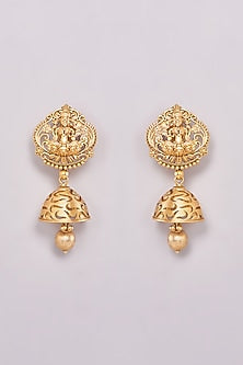 Gold Finish Motif Temple Jhumka Earrings
