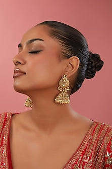 Gold Finish Kundan Polki Temple Jhumka Earrings