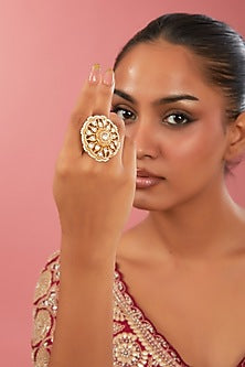Gold Finish Kundan Polki & White Stone Ring