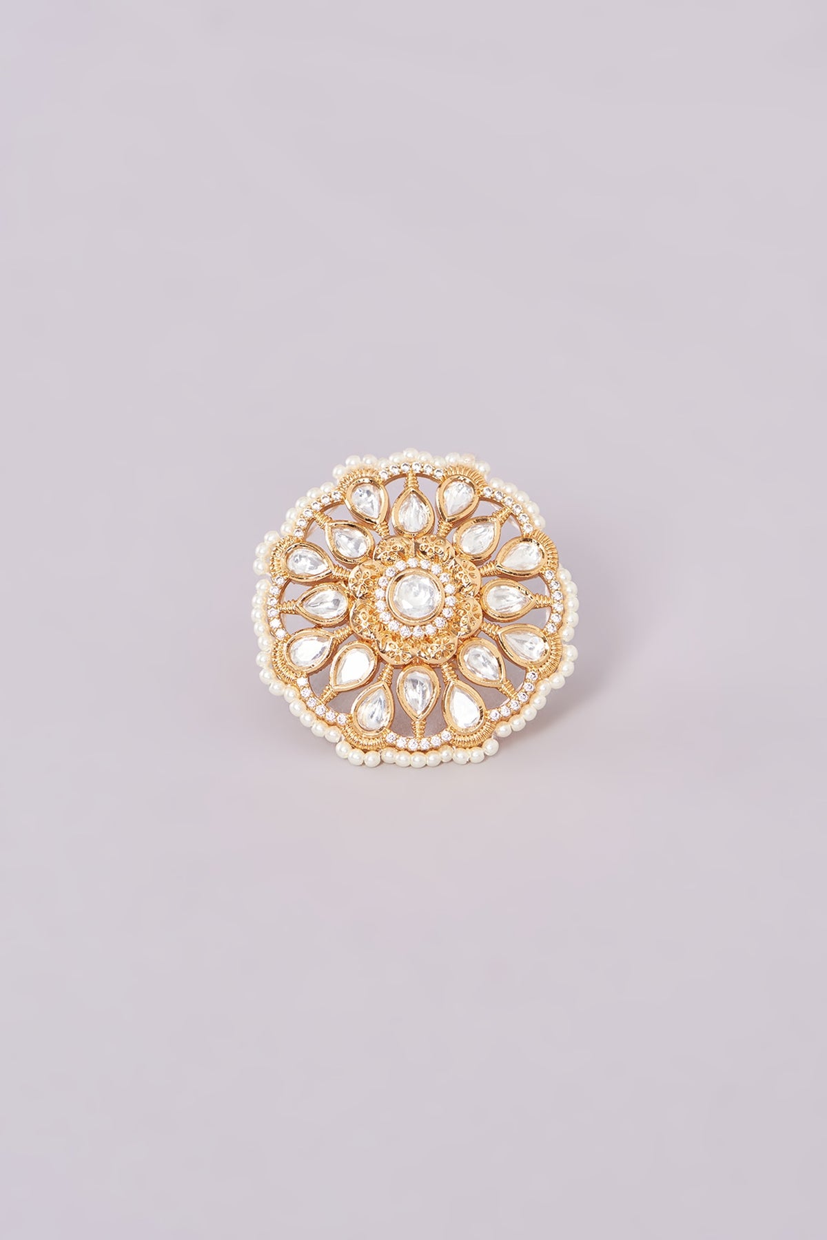 Gold Finish Kundan Polki & White Stone Ring
