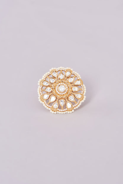 Gold Finish Kundan Polki & White Stone Ring