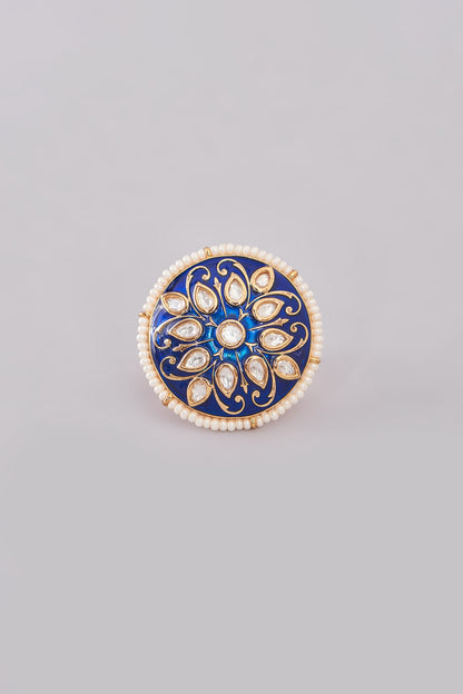 Gold Finish Kundan Polki & White Stone Enameled Ring